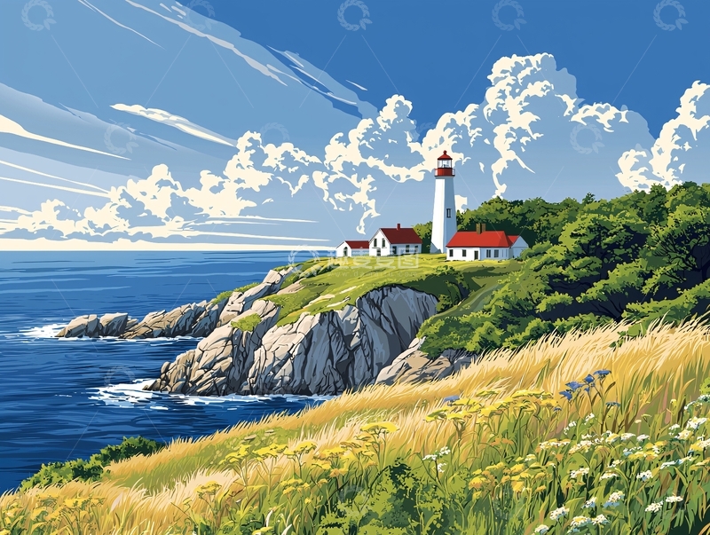 高清大图下载【趣麦麦图】海边灯塔风景画