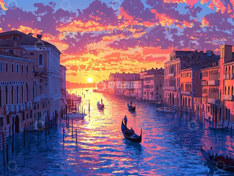 高清大图下载【趣麦麦图】威尼斯日落贡多拉