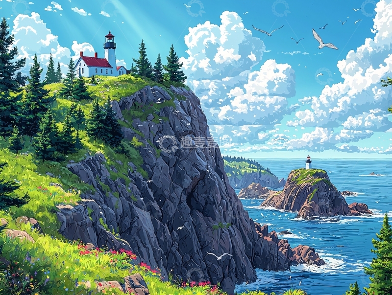高清大图下载【趣麦麦图】海边悬崖上的灯塔