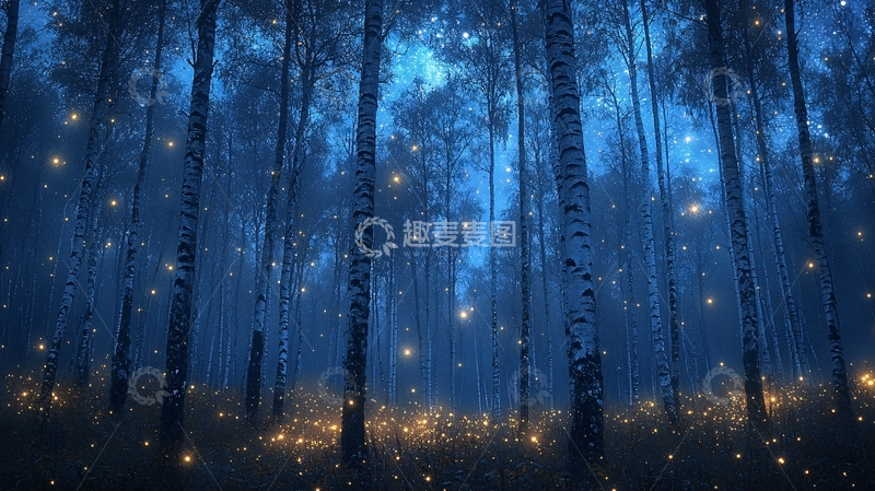 高清大图下载【趣麦麦图】梦幻蓝色森林夜景