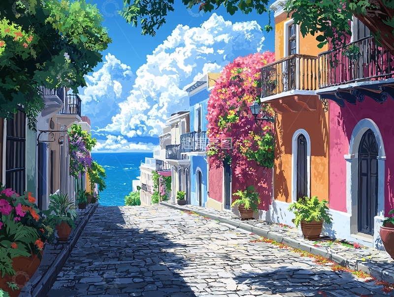 高清大图下载【趣麦麦图】阳光明媚的海边彩色小镇