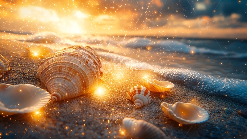 高清大图下载【趣麦麦图】海滩贝壳夕阳梦幻