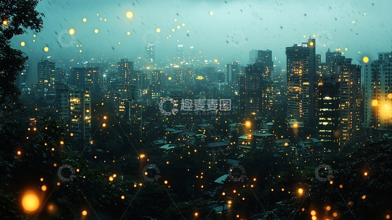 高清大图下载【趣麦麦图】雨夜城市夜景