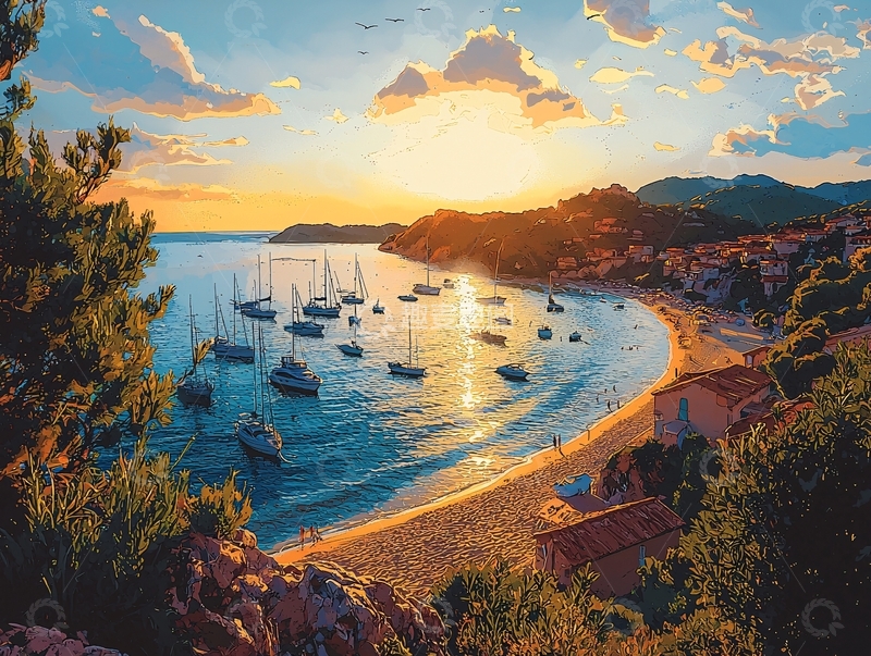 高清大图下载【趣麦麦图】海湾日落帆船沙滩景色