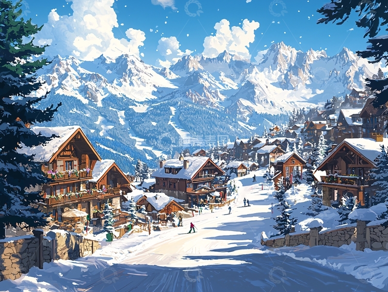 高清大图下载【趣麦麦图】雪山下的木屋村庄