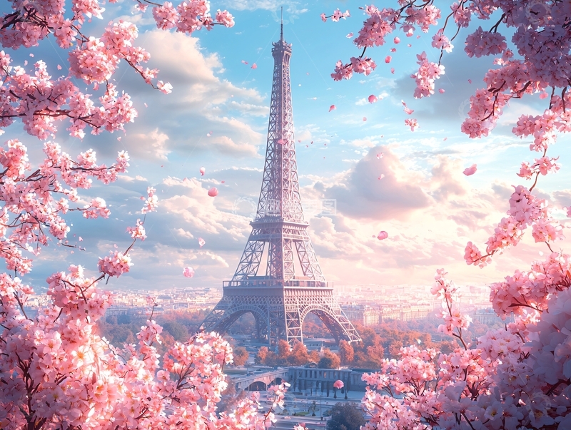 高清大图下载【趣麦麦图】巴黎埃菲尔铁塔樱花