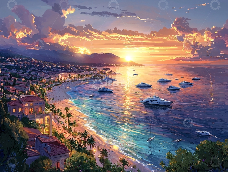 高清大图下载【趣麦麦图】海边城市落日余晖