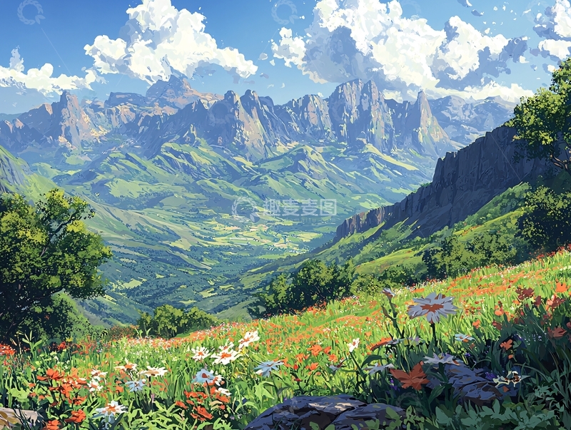 高清大图下载【趣麦麦图】山间野花盛开的山谷
