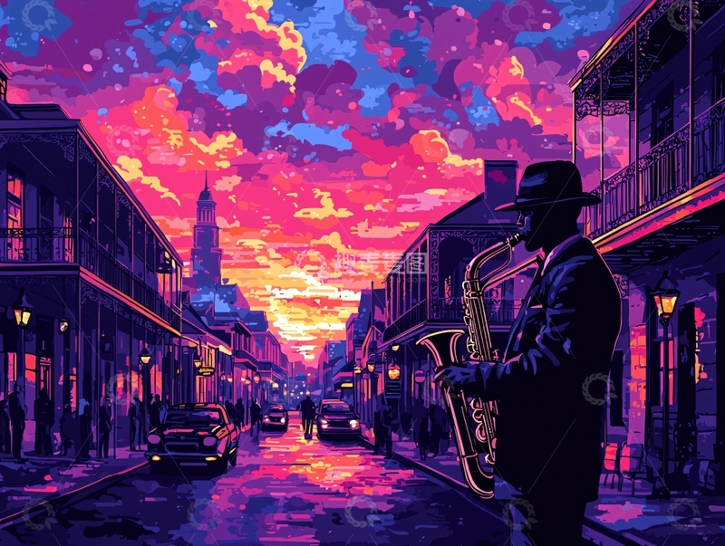 高清大图下载【趣麦麦图】萨克斯演奏者街景日落