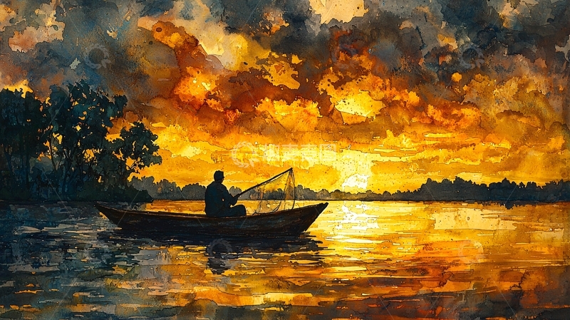 高清大图下载【趣麦麦图】夕阳下垂钓的剪影