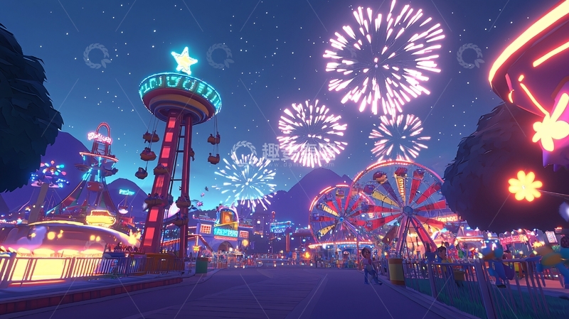 高清大图下载【趣麦麦图】夜晚游乐园烟火表演