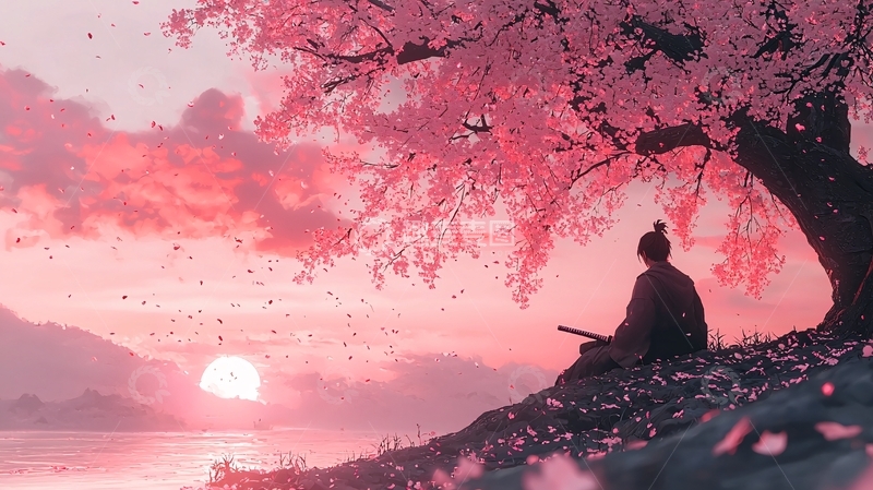 高清大图下载【趣麦麦图】唯美樱花树下武士剪影