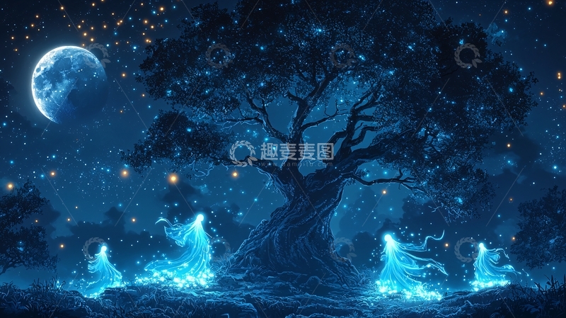 高清大图下载【趣麦麦图】蓝色月光下的发光古树