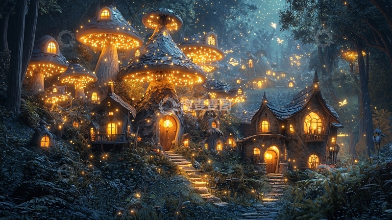高清大图下载【趣麦麦图】发光蘑菇屋的童话森林