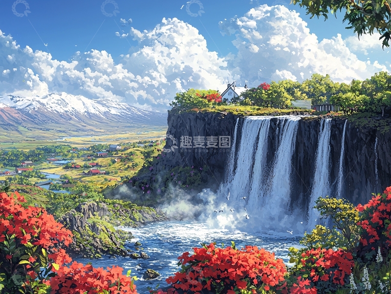 高清大图下载【趣麦麦图】山崖瀑布田园风光