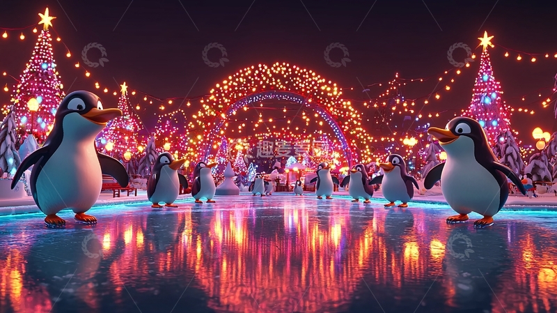 高清大图下载【趣麦麦图】圣诞节企鹅冰雪乐园