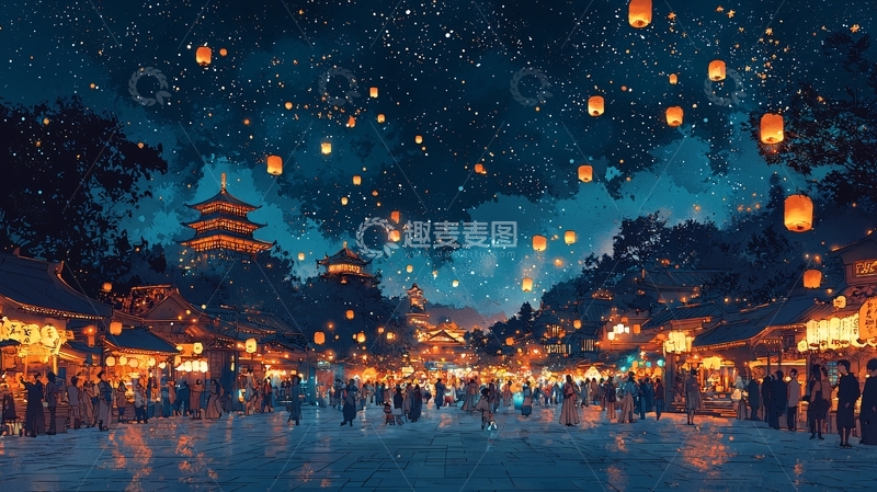 高清大图下载【趣麦麦图】夜空飞舞的灯笼与古镇