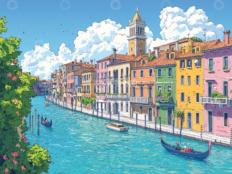 高清大图下载【趣麦麦图】威尼斯运河彩色建筑