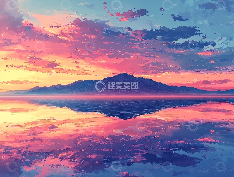 高清大图下载【趣麦麦图】梦幻般日落山峰倒影