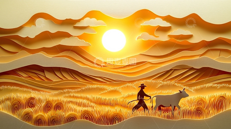 高清大图下载【趣麦麦图】夕阳剪纸农耕图