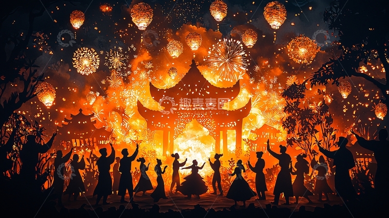 高清大图下载【趣麦麦图】燃放烟花欢庆的节日场景