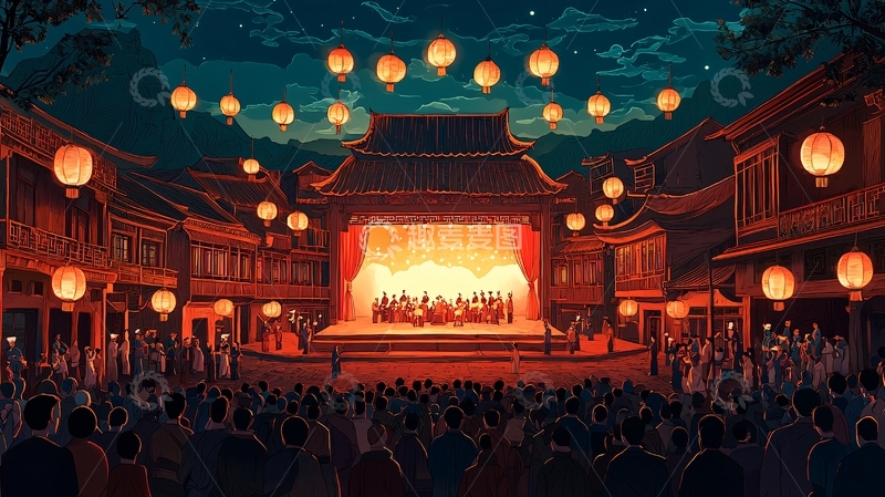 高清大图下载【趣麦麦图】夜色古镇露天舞台演出