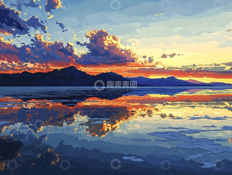 高清大图下载【趣麦麦图】夕阳西下湖光山色