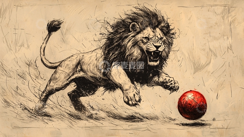 高清大图下载【趣麦麦图】雄狮扑球手绘图