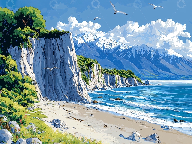 高清大图下载【趣麦麦图】海边悬崖峭壁雪山风景画