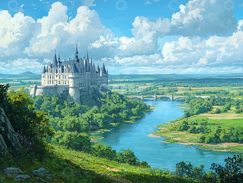 高清大图下载【趣麦麦图】山峦河流城堡风景画