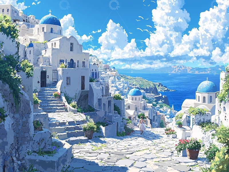 高清大图下载【趣麦麦图】阳光下的圣托里尼小镇