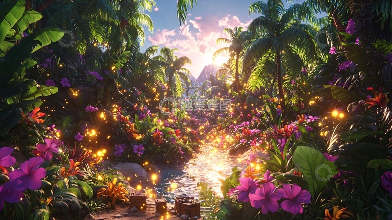 高清大图下载【趣麦麦图】热带雨林日落溪流
