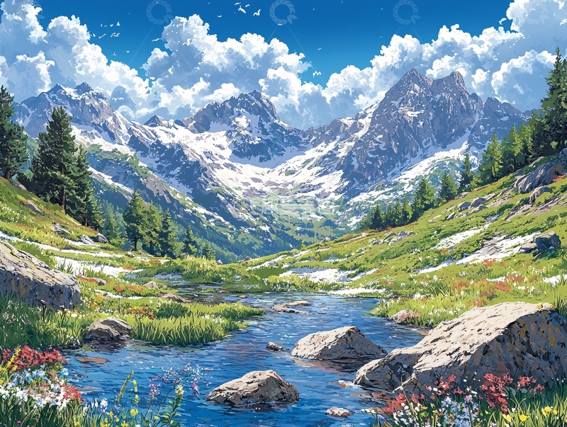 高清大图下载【趣麦麦图】雪山溪流风景画