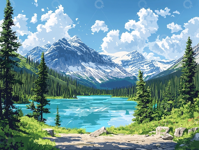 高清大图下载【趣麦麦图】阳光明媚的雪山湖泊景色