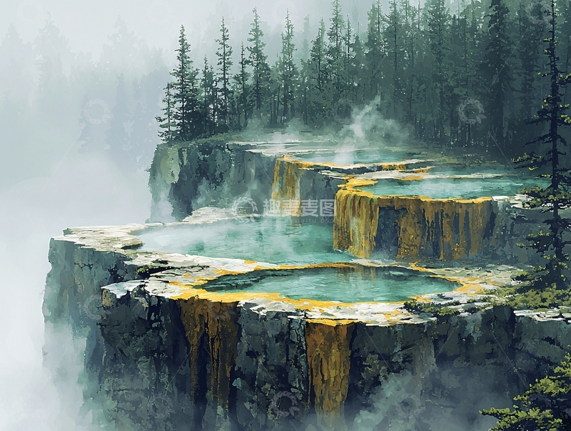 高清大图下载【趣麦麦图】雾气缭绕的温泉瀑布