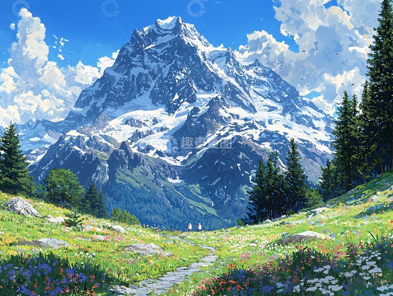 高清大图下载【趣麦麦图】雪山草原风景画