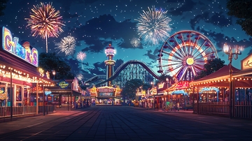 烟花下的游乐园夜景