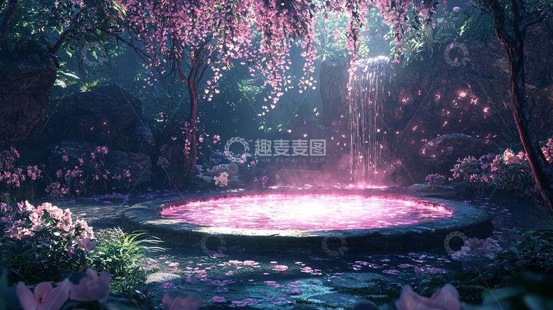 高清大图下载【趣麦麦图】梦幻樱花森林瀑布