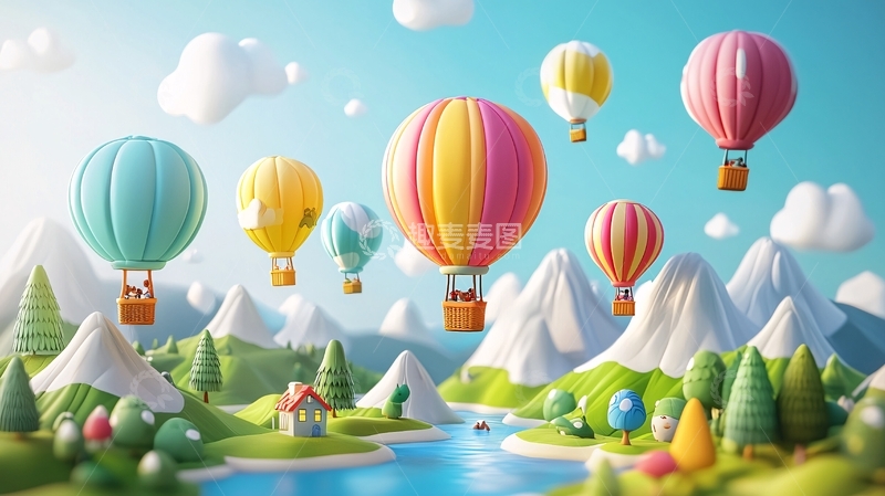高清大图下载【趣麦麦图】卡通热气球风景画