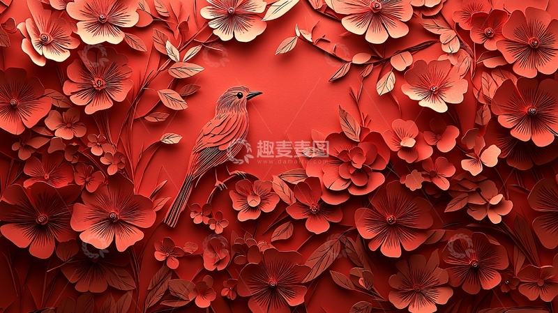 高清大图下载【趣麦麦图】红色剪纸花鸟