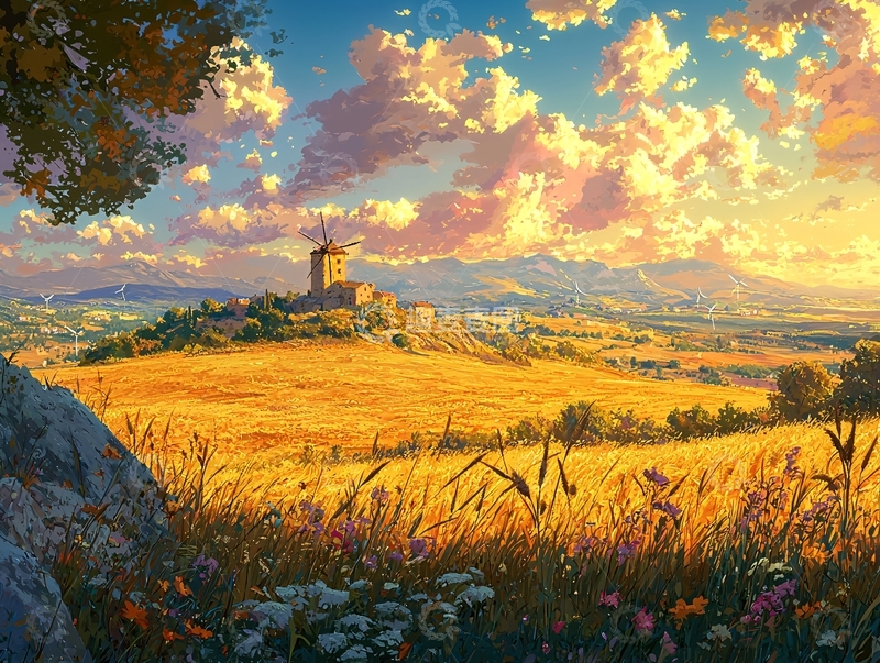 高清大图下载【趣麦麦图】金色麦田风车城堡