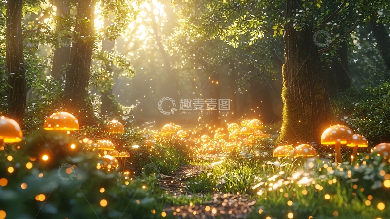 高清大图下载【趣麦麦图】阳光森林蘑菇仙境