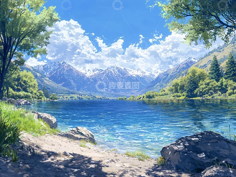 高清大图下载【趣麦麦图】阳光明媚的湖边山景