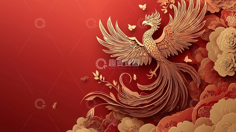 高清大图下载【趣麦麦图】红底金凤凰剪纸图案