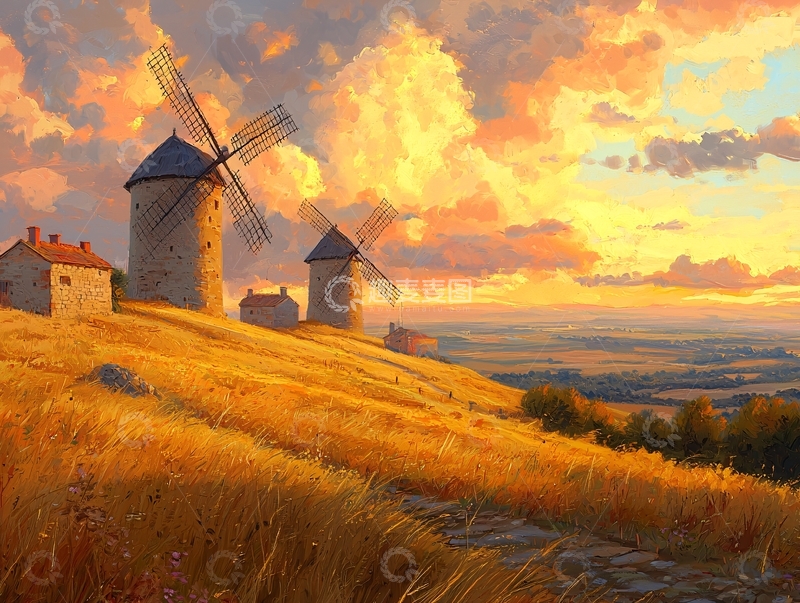 高清大图下载【趣麦麦图】夕阳下金黄麦田的风车