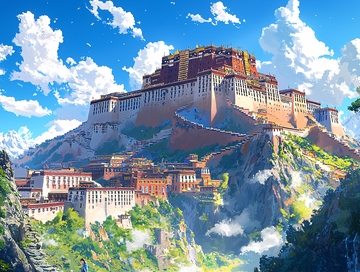 蓝天白云下的布达拉宫