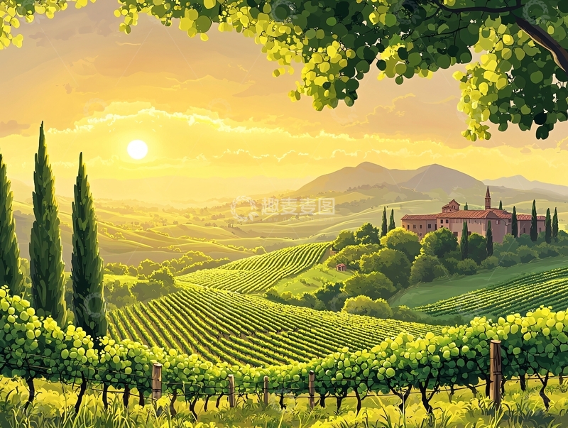 高清大图下载【趣麦麦图】夕阳下的意大利葡萄园