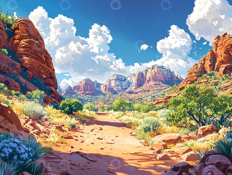 高清大图下载【趣麦麦图】阳光下的红色岩石峡谷小路