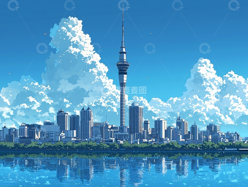 高清大图下载【趣麦麦图】奥克兰天塔与城市风景