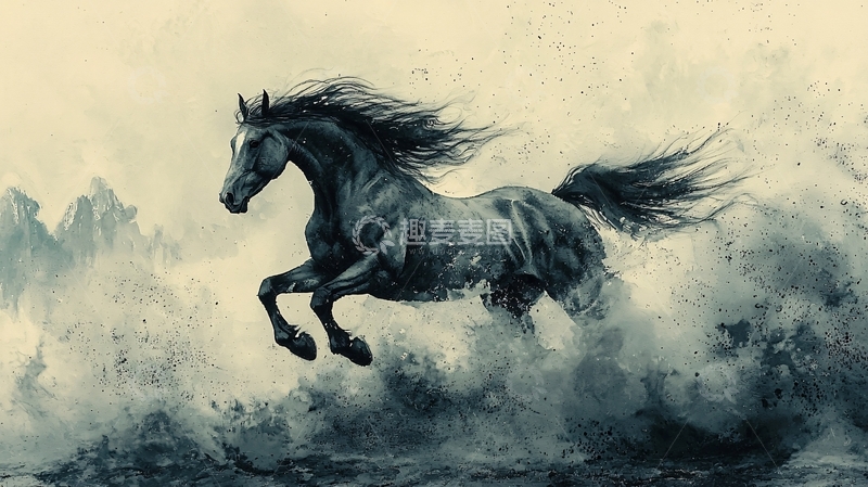 高清大图下载【趣麦麦图】奔腾的黑马水墨画